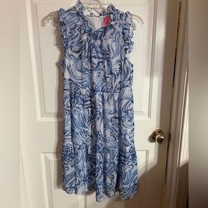 Lily Pulitzer Jazzy Tierd Dress In Blue & White Print Ruffle Neck Sleeve Size S